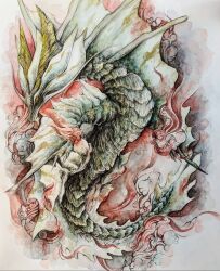 Rule 34 | amatsumagatsuchi, claws, cloud, dragon, eastern dragon, fins, flying, full body, highres, horns, looking to the side, minori 0518, monster, monster hunter (series), no humans, painting (medium), scales, tail, traditional media, watercolor (medium), whiskers
