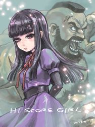 Rule 34 | 10s, 1boy, 1girl, anger vein, arm behind back, artist name, beard, black hair, blunt bangs, blush, chest hair, closed mouth, copyright name, dress, facial hair, high score girl, highres, long hair, looking at viewer, miso-234, mustache, neck ribbon, oono akira, open mouth, pink eyes, purple dress, red ribbon, ribbon, short hair, street fighter, zangief