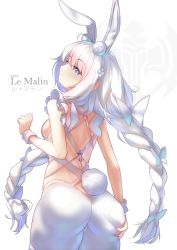 Rule 34 | 1girl, animal ear fluff, animal ears, arm up, ass, ass grab, azur lane, blue eyes, braid, breasts, character name, fake animal ears, from behind, hand on own ass, highres, le malin (azur lane), le malin (listless lapin) (azur lane), leotard, long hair, looking back, ntk nartaku, pantyhose, playboy bunny, rabbit ears, rabbit tail, sideboob, silver hair, small breasts, smile, solo, tail, thighs, twin braids, twintails, very long hair, white leotard, white pantyhose, wrist cuffs