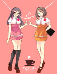 Rule 34 | 10s, 2girls, ;d, alternate costume, anna miller, black hair, blue eyes, brown hair, choukai (kancolle), cup, glasses, hair ornament, heart, heart hands, heart hands duo, kantai collection, long hair, mary janes, maya (kancolle), menu, multiple girls, one eye closed, open mouth, red eyes, shoes, short hair, smile, teacup, teramoto kaoru, translation request, twitter username, waitress