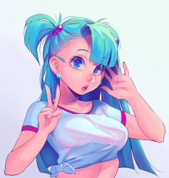 Rule 34 | 1girl, absurdres, aqua eyes, aqua hair, breasts, bulma, cassettecreams, dragon ball, earrings, highres, jewelry, long hair, looking at viewer, loyproject, medium breasts, midriff, one side up, open mouth, peace symbol, shirt, solo, t-shirt, upper body, v