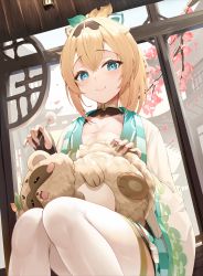 Rule 34 | 1girl, absurdres, animal, animal on lap, architecture, black gloves, blonde hair, blue eyes, closed mouth, ear cleaning, east asian architecture, feet out of frame, fingerless gloves, gloves, hair between eyes, hair ribbon, haori, highres, holding, hololive, japanese clothes, kazama iroha, looking at viewer, mimikaki, on lap, pokobee, ribbon, roina (effj7473), sitting, smile, solo, thighhighs, virtual youtuber, white thighhighs