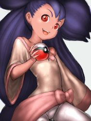 Rule 34 | 10s, 1girl, big hair, bow, creatures (company), fumio (rsqkr), game freak, holding, holding poke ball, iris (pokemon), long hair, nintendo, open mouth, poke ball, pokemon, pokemon bw, purple hair, red eyes, simple background, solo, two side up, waist bow, white background