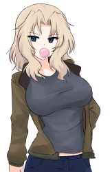 Rule 34 | 1girl, absurdres, aikir (jml5160), arm at side, blonde hair, blue eyes, breasts, brown jacket, blowing bubbles, chewing gum, denim, girls und panzer, hand on own hip, highres, jacket, jeans, kay (girls und panzer), large breasts, long hair, looking at viewer, midriff peek, pants, saunders military uniform, solo, tank top