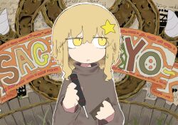 Rule 34 | 1girl, abstract background, bags under eyes, banner, blonde hair, brown shirt, closed mouth, commentary request, cursive, fence, grass, hair ornament, highres, holding, holding screwdriver, jitome, light frown, long sleeves, looking to the side, looking up, medium hair, original, outline, romaji text, screwdriver, shirt, sidelocks, solo, star (symbol), star hair ornament, torosakana, translation request, turtleneck, upper body, white outline, wooden fence