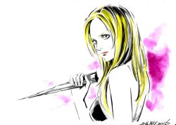 Rule 34 | 1girl, 2016, blonde hair, buffy summers, buffy the vampire slayer, commentary request, dagger, dated, forehead, from side, green eyes, hayama jun&#039;ichi, knife, lips, marker (medium), solo, traditional media, weapon