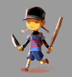 Rule 34 | = =, androgynous, backpack, bag, bandaid, bandaid on knee, bandaid on leg, baseball bat, baseball cap, blue shirt, braid, brown hair, closed mouth, colored skin, facepaint, frisk (undertale), full body, fusion, gender request, grey background, hat, hscatter, knife, layered clothes, madotsuki, off (game), other focus, running, shirt, shorts, simple background, solo, striped clothes, striped shirt, the batter (off), twin braids, twitter username, undershirt, undertale, yellow skin, yume nikki