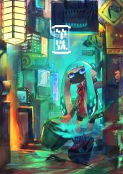 Rule 34 | 1girl, bike shorts, black shorts, blunt bangs, bucket, buckle, cable, commentary, full body, graffiti, green hair, highres, holding, holding weapon, indoors, ink, inkling, inkling girl, inkling player character, jacket, kashu (hizake), light, light particles, long hair, long sleeves, looking up, mask, monster girl, mouth mask, nintendo, pointy ears, purple eyes, red jacket, shoes, short eyebrows, shorts, sign, slosher (splatoon), sneakers, solo, splatoon (series), splatoon 2, standing, suction cups, television, tentacle hair, tri slosher (splatoon), weapon, white footwear