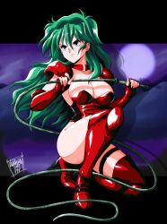 Rule 34 | 1990s (style), 1girl, 2022, artist name, breasts, cleavage, closed mouth, commentary, danmakuman, dominatrix, elbow gloves, english commentary, female focus, gloves, green hair, hands up, highres, holding, holding whip, large breasts, leotard, long hair, medium breasts, on one knee, pc98, red footwear, red gloves, red leotard, retro artstyle, rusty, rusty (pc-98), solo, thighs, v-shaped eyebrows, weapon, whip