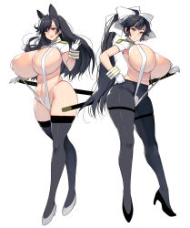 Rule 34 | 2girls, absurdres, animal ears, atago (azur lane), azur lane, black hair, blush, breasts, cleavage, closed mouth, curvy, dog ears, full body, gloves, groin, hair ribbon, high heels, highres, huge breasts, katana, kouno (masao), long hair, looking at viewer, military, military uniform, multiple girls, naval uniform, navel, one-piece swimsuit, open mouth, pantyhose, pantyhose under swimsuit, perky breasts, ponytail, pumps, revealing clothes, ribbon, shiny clothes, shiny skin, shrug (clothing), sideboob, sidelocks, simple background, skindentation, slingshot swimsuit, standing, swimsuit, sword, takao (azur lane), thick thighs, thighhighs, thighs, underboob, uniform, very long hair, weapon, white background, wide hips, wrist cuffs, yellow eyes
