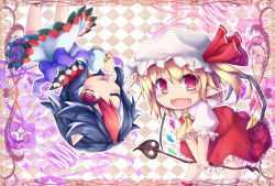 Rule 34 | 2girls, ascot, bangle, black hair, blonde hair, bow, bracelet, chibi, cone horns, dress, flandre scarlet, grey horns, hat, highres, horns, jewelry, kijin seija, killing, laevatein, multicolored hair, multiple girls, one eye closed, red eyes, red hair, ribbon, short hair, side ponytail, smile, streaked hair, tongue, tongue out, touhou, upside-down, white hair, wings