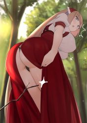 Rule 34 | 1girl, ass, barefoot, blonde hair, blue eyes, blunt bangs, breasts, dress, forest, highres, huge ass, large breasts, long hair, looking back, momoko (shoutao), nature, original, outdoors, red dress, seiza, short sleeves, shoutao, sitting, solo, sweat, tree