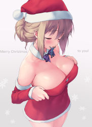 Rule 34 | 1boy, 1girl, adjusting clothes, blush, bow, bowtie, breasts, brown hair, christmas, cleavage, cowboy shot, detached collar, detached sleeves, english text, closed eyes, giant, giantess, hair bun, hat, hetero, highres, kiss, large breasts, merry christmas, original, purple bow, purple neckwear, red sleeves, santa costume, santa hat, single hair bun, size difference, snowflake background, teston