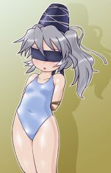 Rule 34 | 1girl, arms behind back, blindfold, box tie, breasts, covered navel, gradient background, hat, mononobe no futo, one-piece swimsuit, ponytail, restrained, silver hair, small breasts, solo, swimsuit, tate eboshi, touhou, white one-piece swimsuit, winn