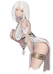 Rule 34 | 1girl, azur lane, bare shoulders, breasts, center opening, commentary request, dark skin, dress, echj, facial mark, forehead mark, from side, halter dress, halterneck, hand on own chest, highres, large breasts, leaning forward, long hair, looking at viewer, low-tied long hair, massachusetts (azur lane), massachusetts (dressed to impress) (azur lane), native american, side slit, sideboob, simple background, sleeveless, sleeveless dress, tan, thighlet, thighs, white background, white dress, white hair, yellow eyes