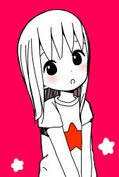 Rule 34 | 1girl, :o, akamatsu yui, alternate hairstyle, commentary request, dot nose, hair down, highres, katsuwo (cr66g), light blush, long hair, looking at viewer, mitsuboshi colors, partially colored, print shirt, red background, shirt, short sleeves, simple background, solo, split mouth, star (symbol), star print, upper body, v arms