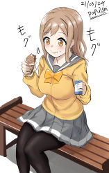 Rule 34 | 1girl, absurdres, artist name, artist request, black pantyhose, blush, bow, bowtie, bread, bread slice, breasts, brown eyes, brown hair, buttons, cardigan, collarbone, cup, drink, eating, eyebrows, female focus, food, grey sailor collar, grey skirt, hair between eyes, highres, holding, holding cup, holding drink, holding food, kunikida hanamaru, layered skirt, light brown hair, long hair, long sleeves, looking at viewer, love live!, love live! sunshine!!, medium breasts, miniskirt, orange bow, pantyhose, parted lips, plaid, plaid skirt, pleated, pleated skirt, sailor collar, school uniform, sitting, skirt, sleeves past wrists, smile, solo, sweater, uranohoshi school uniform, white background, yellow cardigan, yellow eyes, yellow sweater