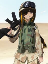 Rule 34 | 1girl, absurdres, artist name, assault rifle, braid, camouflage, cowboy shot, desert, desert camouflage, eyepatch, gamryous, girls&#039; frontline, goggles, goggles on headwear, gun, hat, highres, holding, holding gun, holding weapon, long hair, long sleeves, looking at viewer, m16, m16a1 (girls&#039; frontline), military hat, military uniform, mole, mole under eye, multicolored hair, open mouth, orange hair, outdoors, rifle, scar, scar across eye, scar on face, smile, solo, streaked hair, teeth, uniform, weapon
