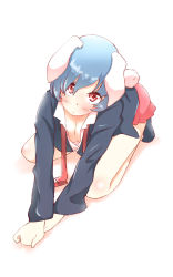 Rule 34 | 1girl, all fours, animal ears, bad id, bad pixiv id, blazer, blue hair, blush, breasts, cleavage, collared shirt, full body, highres, jacket, long sleeves, looking at viewer, medium breasts, miniskirt, necktie, non (z-art), rabbit ears, rabbit tail, red eyes, reisen, shirt, shoes, short hair, simple background, skirt, solo, tail, touhou, undone necktie, white background