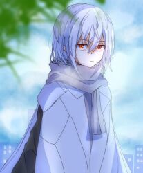 Rule 34 | 1boy, accelerator (toaru majutsu no index), albino, ambiguous gender, black shirt, blurry, blurry background, bug print, cape, cityscape, closed mouth, cloud, cloudy sky, coat, commentary request, day, diagonal stripes, expressionless, grey scarf, hair between eyes, half-closed eyes, leaf, maisuiren, official alternate costume, pale skin, red eyes, scarf, shirt, short hair, sky, solo, solo focus, striped, toaru majutsu no index, tree, upper body, white cape, white coat, white hair