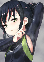 Rule 34 | 1girl, :o, arm up, armpits, black hair, blush, bodysuit, breasts, diving suit, green eyes, grey background, jiji (aardvark), long hair, long sleeves, open mouth, original, ponytail, simple background, small breasts, solo, steam, sweat, unzipping, upper body, wet, wetsuit, zipper