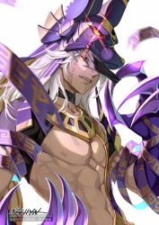 Rule 34 | 1boy, abs, animal ears, animal hat, arabian clothes, artist name, black choker, choker, claws, closed mouth, collarbone, cyno (genshin impact), dark-skinned male, dark skin, fang, genshin impact, glowing, glowing eye, gold trim, grin, hand up, hat, highres, jackal ears, jewelry, long hair, looking at viewer, male focus, navel, necklace, ngkhyn, purple hat, purple ribbon, red eyes, ribbon, short sleeves, sidelocks, signature, smile, solo, stomach, teeth, upper body, watermark, white background, white hair