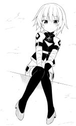 Rule 34 | 1girl, bandaged arm, bandages, between legs, blush, boots, closed mouth, fate/grand order, fate (series), full body, gloves, greyscale, hand between legs, high heels, jack the ripper (fate/apocrypha), kazawa (tonzura-d), knees together feet apart, looking at viewer, monochrome, navel, short hair, shoulder tattoo, single glove, sitting, solo, tattoo, thigh boots, thighhighs