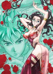 Rule 34 | 1boy, 1girl, absurdres, arm up, armband, ass, black hair, blood, blood splatter, blue eyes, breasts, cleavage, couple, covered erect nipples, cross, dress, glasses, highres, jewelry, knife belt, kuzunoha mana, large breasts, long hair, looking at viewer, looking back, necklace, needle, no bra, no panties, open mouth, scan, scar, see-through, short hair, smile, spiked hair, standing, takayanagi mitsuomi, tenjou tenge, umehara takahiro, wavy hair, weapon
