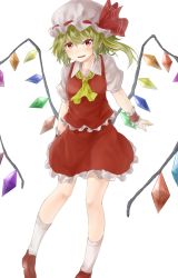 Rule 34 | 1girl, arms at sides, ascot, blonde hair, blush, brown footwear, collarbone, crystal, fangs, flandre scarlet, frilled shirt, frilled skirt, frills, hat, hat ribbon, highres, looking at viewer, mob cap, netamaru, parted lips, puffy short sleeves, puffy sleeves, red eyes, red ribbon, red skirt, red vest, ribbon, shirt, shoes, short sleeves, side ponytail, skirt, smile, socks, solo, touhou, vest, white socks, wings, wrist cuffs