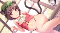 Rule 34 | 1girl, :3, animal ears, black panties, blurry, blurry background, blush, bow, brown hair, cat ears, cat tail, chen, chinese clothes, cleavage cutout, clothing cutout, day, dutch angle, earrings, green hat, hat, highleg, highleg panties, highres, jewelry, looking at viewer, lzh, mob cap, multiple tails, navel, no pants, panties, paw pose, short hair, single earring, smile, solo, tail, touhou, underwear, window