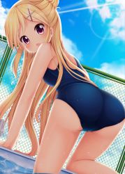 Rule 34 | 1girl, :o, arm support, ass, bare arms, bare shoulders, blonde hair, blue one-piece swimsuit, blue sky, blush, breasts, chain-link fence, cloud, day, fence, from behind, hair bun, hair ornament, highres, kin-iro mosaic, kujou karen, leg up, lens flare, long hair, looking at viewer, looking back, minato ojitan, one-piece swimsuit, open mouth, pink eyes, pool, poolside, school swimsuit, single hair bun, sky, small breasts, solo, straight hair, swimsuit, tareme, thighs, very long hair, water, water drop, wet, x hair ornament