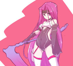 Rule 34 | 1girl, bare shoulders, black gloves, covered navel, detached sleeves, fate/grand order, fate (series), gloves, headband, hip vent, holding, holding weapon, kurokuro, long hair, looking at viewer, medusa (fate), medusa (lancer) (fate), medusa (rider) (fate), purple eyes, purple hair, rider, scythe, solo, thighhighs, very long hair, weapon