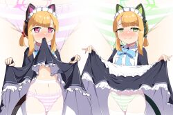 Rule 34 | 2girls, animal ear headphones, animal ears, apron, black dress, blonde hair, blue archive, blush, bow, cat ear headphones, cat tail, clothes lift, covered navel, dress, dress lift, fake animal ears, frilled apron, frills, green eyes, green halo, hair bow, halo, headphones, highres, kuu nekoneko, lifting own clothes, long sleeves, maid, maid apron, maid headdress, midori (blue archive), midori (maid) (blue archive), momoi (blue archive), momoi (maid) (blue archive), mouth hold, multiple girls, nose blush, official alternate costume, panties, panties under pantyhose, pantyhose, pink eyes, pink halo, short hair, siblings, sidelocks, sisters, smile, striped clothes, striped panties, tail, thighband pantyhose, twins, underwear, white apron, white pantyhose
