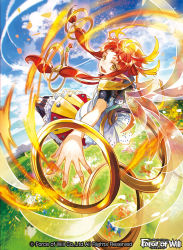 Rule 34 | 1girl, blonde hair, copyright name, flower, force of will, long hair, low twintails, multicolored hair, nail polish, noki (affabile), official art, open mouth, pantyhose, petals, pointy ears, red hair, sky, solo, teeth, twintails, two-tone hair, wings, yellow eyes