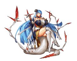 Rule 34 | 1girl, blue hair, blunt bangs, boots, breasts, cleavage, crossed legs, detached collar, feet, female focus, floating hair, full body, game cg, hair ornament, hand on own chest, hands up, head tilt, holding, holding staff, huge breasts, legs, long hair, looking at viewer, melon22, original, parted lips, red eyes, sitting, sitting on own tail, skirt, solo, staff, tail, thigh boots, thighhighs, thighs, transparent background, very long hair