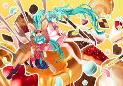 Rule 34 | 1girl, apollo chocolate, aqua eyes, aqua hair, bad id, bad pixiv id, boots, cake, candy, checkerboard cookie, chocolate, cookie, cream puff, dual persona, food, fork, fruit, hair ornament, hatsune miku, heart, in food, jelly bean, konpeitou, koto (colorcube), lol -lots of laugh- (vocaloid), long hair, macaron, mini person, minigirl, pancake, pastry, pie, pocky, rabbit, skirt, socks, solo, star (symbol), strawberry, stuffed animal, stuffed toy, swiss roll, syrup, thighhighs, twintails, very long hair, vocaloid, waffle