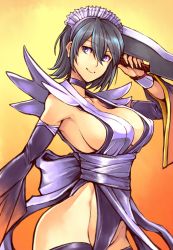 Rule 34 | 1girl, artist request, black hair, blue eyes, breasts, butterfly swords, curvy, detached sleeves, gradient background, highleg, highleg leotard, holding, holding weapon, iroha (samurai spirits), large breasts, leotard, looking at viewer, maid, maid headdress, samurai spirits, shiny skin, sideboob, smile, snk, thighhighs, thong leotard, weapon