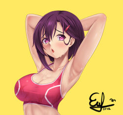 Rule 34 | 1girl, :o, armpits, arms behind head, arms up, asymmetrical bangs, bare arms, blush, bra, breasts, chestnut mouth, cleavage, euforia, hair ornament, hairclip, large breasts, looking to the side, medium hair, mikazuki shizuka, open mouth, purple eyes, purple hair, red bra, sideboob, single sidelock, solo, sports bra, sweat, taut clothes, underwear, upper body, yellow background, zom 100: zombie ni naru made ni shitai 100 no koto