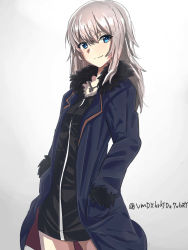 Rule 34 | 10s, 1girl, black dress, blue coat, casual, closed mouth, coat, cowboy shot, cross, dress, fate/grand order, fate (series), girls und panzer, grey background, hands in pockets, highres, itsumi erika, jeanne d&#039;arc (fate), jeanne d&#039;arc alter (fate), jeanne d&#039;arc alter (ver. shinjuku 1999) (fate), jewelry, kosuda, long hair, looking at viewer, necklace, official alternate costume, open clothes, open coat, short dress, smile, solo, standing
