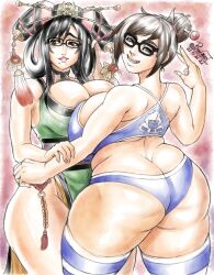 Rule 34 | 2girls, absurdres, ass, back, bare shoulders, bikini, black hair, blue bikini, blue thighhighs, breasts, brown hair, butt crack, chinese clothes, cleavage, contrapposto, cowboy shot, crossover, curvy, from behind, glasses, hair ornament, hair rings, highres, huge ass, huge breasts, large breasts, looking at viewer, looking back, looking to the side, mei (overwatch), mole, mole under mouth, multiple girls, open mouth, overwatch, pltnm ghost, red background, samurai spirits, sleeveless, smile, smug, standing, striped clothes, striped thighhighs, swimsuit, teeth, thighhighs, wu-ruixiang