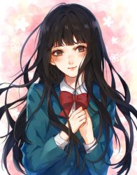 Rule 34 | 1girl, black hair, blazer, blush, bow, bowtie, floral background, green jacket, head tilt, jacket, kimi ni todoke, kuronuma sawako, long hair, long sleeves, looking at viewer, multicolored background, nose blush, own hands together, pink background, red bow, red bowtie, ruuto-kun, school uniform, solo, white background