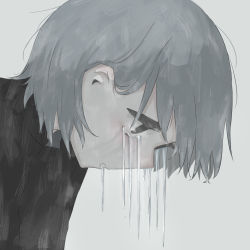Rule 34 | 1boy, absurdres, avogado6, commentary request, crying, drooling, grey background, grey hair, highres, icicle, looking away, looking down, male focus, open mouth, original, portrait, profile, simple background, solo, symbolism
