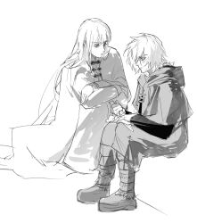 Rule 34 | 2boys, androgynous, canute, cloak, closed mouth, crossed arms, dagger, eyebrows, eyebrows hidden by hair, full body, highres, holding, holding dagger, holding knife, holding weapon, hood, knife, long hair, male focus, medium hair, monochrome, multiple boys, prince, simple background, sitting, thorfinn, viking, vinland saga, weapon, wixcuwi