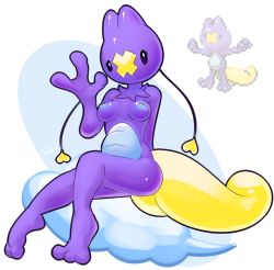 Rule 34 | 1girl, arm behind back, barefoot, breasts, colored sclera, colored skin, creatures (company), drifloon, elpatrixf, feet, female focus, full body, fusion, game freak, gen 3 pokemon, gen 4 pokemon, hand up, nintendo, nipples, nude, personification, pokemon, pokemon (creature), purple sclera, purple skin, shiny skin, sitting, solo, tail, treecko, two-tone background, waving, white background, white eyes