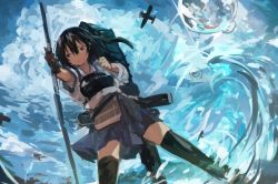 Rule 34 | 1girl, absurdres, aircraft, black thighhighs, blue hakama, bow (weapon), brown gloves, closed mouth, cloud, day, flight deck, gloves, hair between eyes, hakama, hakama short skirt, hakama skirt, highres, holding, holding bow (weapon), holding weapon, japanese clothes, kaamin (mariarose753), kaga (kancolle), kantai collection, muneate, outdoors, partially fingerless gloves, partly fingerless gloves, ponytail, rigging, side ponytail, single glove, skirt, sky, solo, sweat, tasuki, thighhighs, water, water drop, weapon, yugake