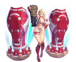 Rule 34 | 1girl, abs, aqua nails, arm strap, arm up, armored boots, armpits, belt, blonde hair, boots, breasts, championship belt, character name, cleavage, collar, covered erect nipples, earrings, english text, fingerless gloves, full body, game cg, gauntlets, gloves, grin, hand on own hip, highleg, highres, holding, holding belt, huge breasts, huge weapon, jewelry, last origin, leotard, linea alba, looking at viewer, mar10, mechanical arms, muscular, muscular female, nail polish, navel, official art, purple eyes, red collar, red footwear, red gloves, rena the champion, singlet, skindentation, smile, solo, stage lights, standing, sweat, tachi-e, thick eyebrows, thick thighs, thigh strap, thighs, transparent background, weapon, wrestler, wrestling outfit