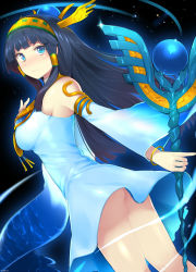 Rule 34 | 1girl, bad id, bad pixiv id, black hair, blue eyes, blunt bangs, blush, bracelet, breasts, dress, egyptian, hair tubes, headdress, highres, isis (p&amp;d), jewelry, large breasts, long hair, lots of jewelry, mukoujima tenro, puzzle &amp; dragons, solo, staff