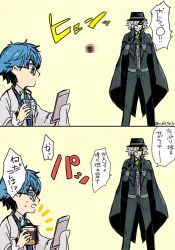 Rule 34 | blue eyes, blue hair, cloak, coat, comic, edmond dantes (fate), fate/extra ccc, fate/grand order, fate (series), glasses, gloves, grey hair, grin, hair over one eye, hans christian andersen (fate), hat, open mouth, pants, short hair, vest, yellow eyes