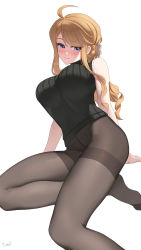 Rule 34 | 1girl, absurdres, ahoge, black pantyhose, black sweater, blush, breasts, brown hair, commentary, half updo, highres, idolmaster, idolmaster million live!, large breasts, looking at viewer, no pants, no shoes, panties, pantyhose, ribbed sweater, sidelocks, simple background, sleeveless, sleeveless turtleneck, smile, solo, sweater, thighband pantyhose, tokoro megumi, tomid, turtleneck, underwear, white background, white panties