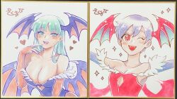 Rule 34 | 2girls, bare shoulders, blush, breasts, bridal gauntlets, cleavage, close-up, clothing cutout, collarbone, demon girl, diamond cutout, flat chest, green eyes, green hair, head wings, heart, heart cutout, highres, large breasts, lilith aensland, morrigan aensland, multiple girls, one eye closed, purple eyes, red eyes, scan, shikishi, signature, skm nnm, sparkle, vampire (game), wings